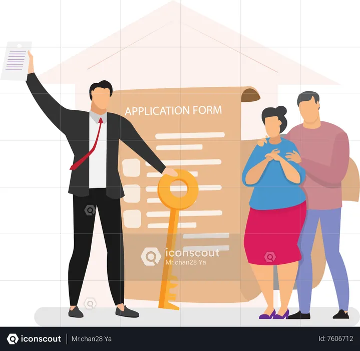 Successful realtor holding key in his hand and sells  Illustration