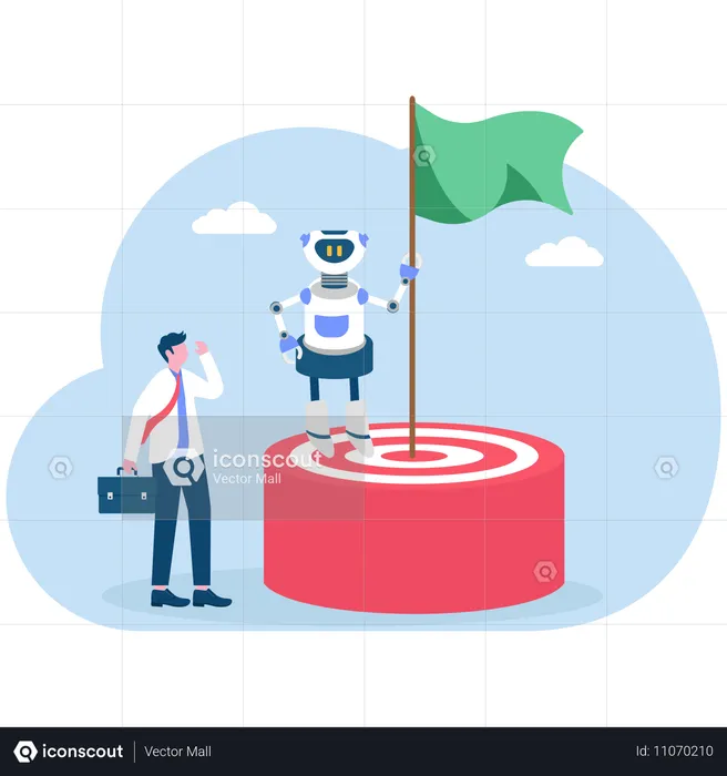 Successful reboot holding flag on top of target winning against businessmen competition  Illustration