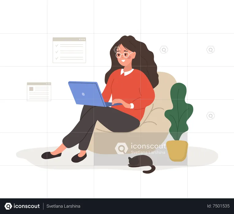 Successful woman sits with laptop and solves work issues  Illustration