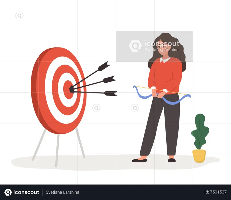 Successful woman with bow shooting target with arrows  Illustration