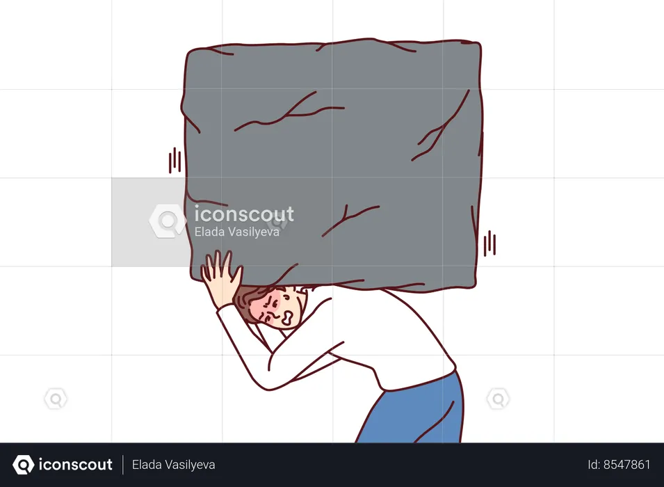 Suffering man carries heavy stone on back, symbolizing heavy tax burden and overly ambitious task  Illustration