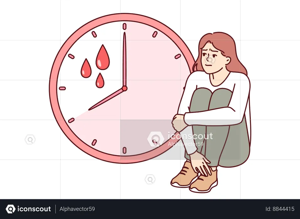 Suffers from painful menstruation sitting near clock with blood drops  Illustration