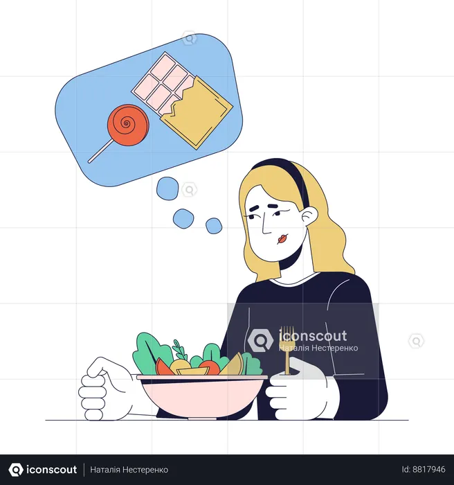 Sugar cravings woman with salad  Illustration