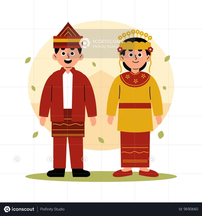 Casal tradicional de Kalimantan do Sul em roupas culturais, Kalimantan do Sul Bornéu  Ilustração