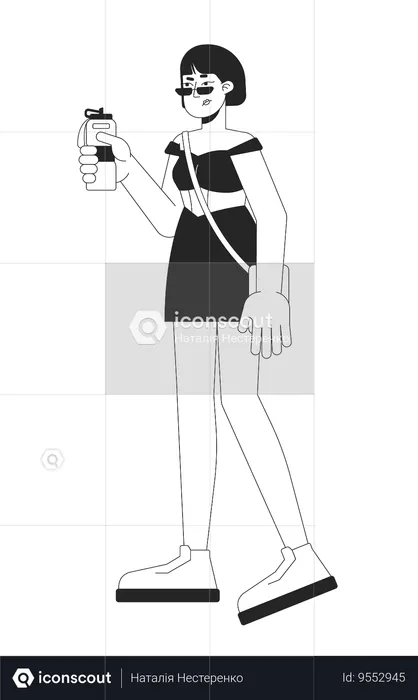 Sulking japanese woman holding botle  Illustration