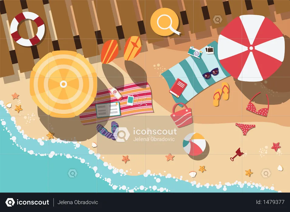 Summer beach in flat design, sea side and beach items  Illustration