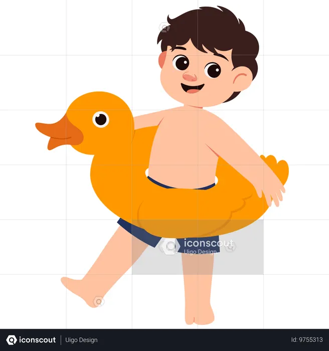 Summer Boy With Duck Inflatable Ring  Illustration