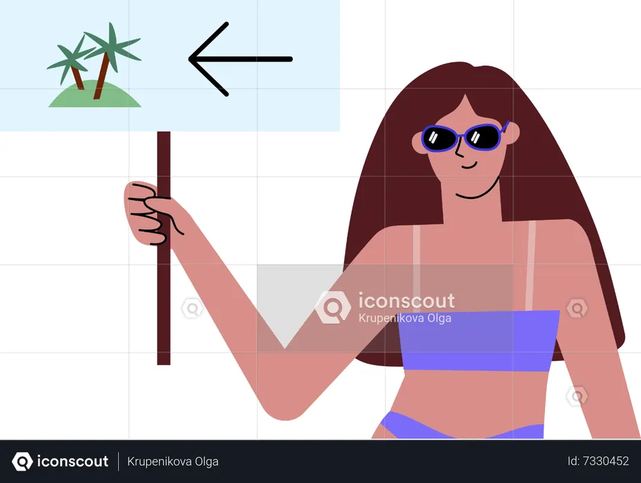 Summer girl holding plate pointer to the beach  Illustration