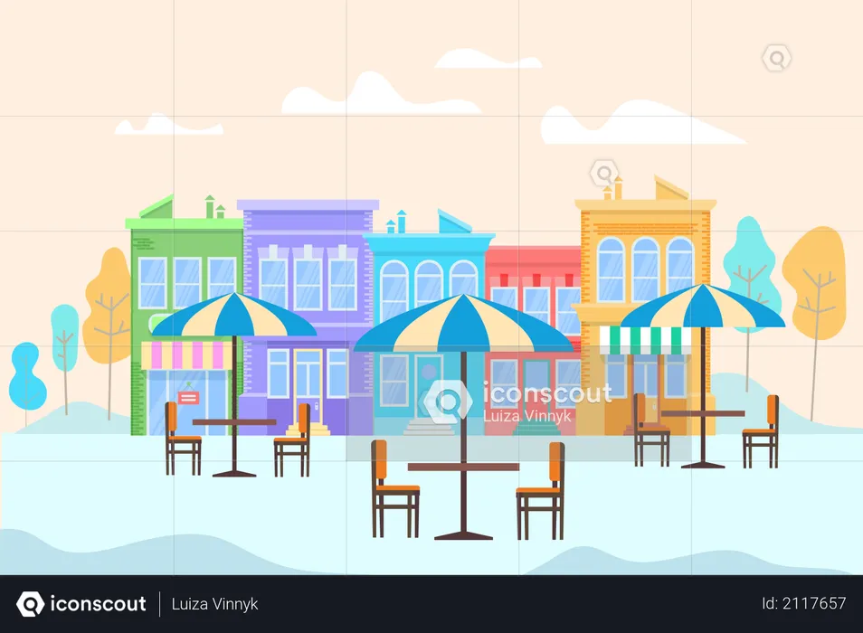 Summer Outdoor Cafe with Tables and Umbrellas  Illustration