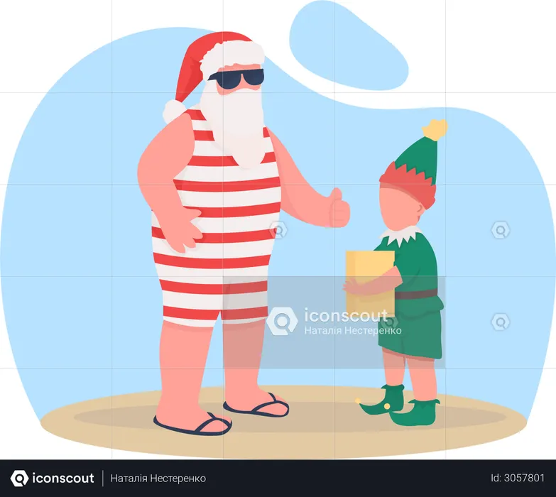 Summer Santa with elf  Illustration