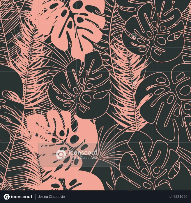 Summer seamless tropical pattern with monstera palm leaves and plants on dark background  Illustration