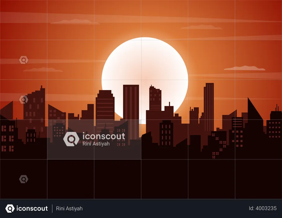 Sun getting down between skyscraper  Illustration