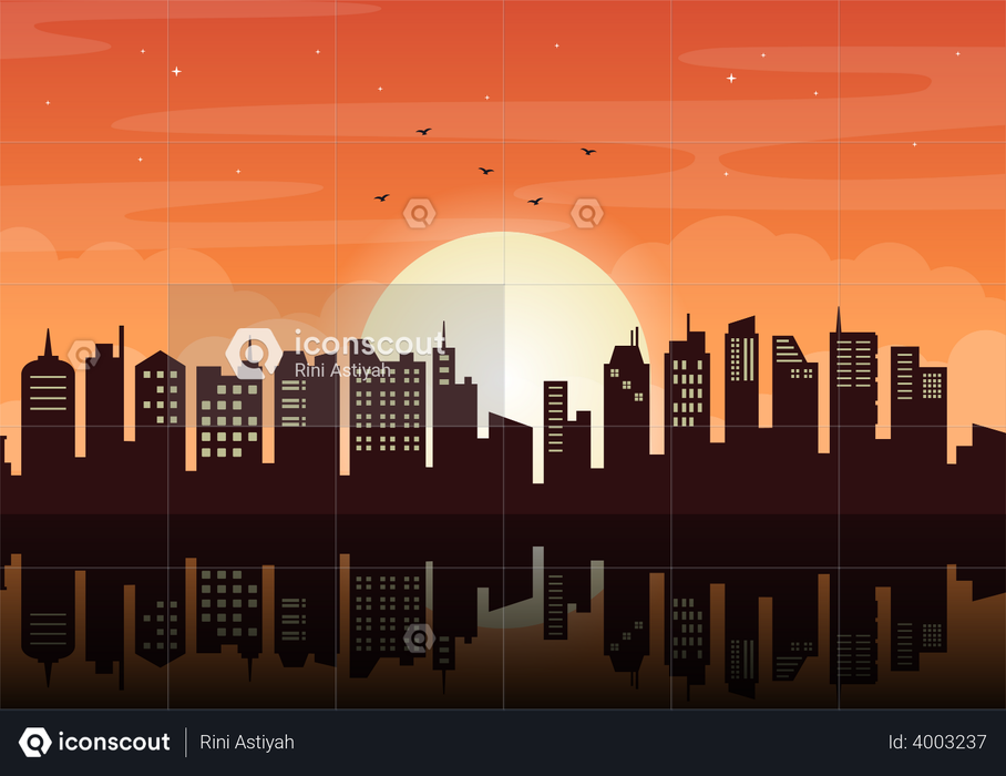 Sun setting between city skyline Illustration