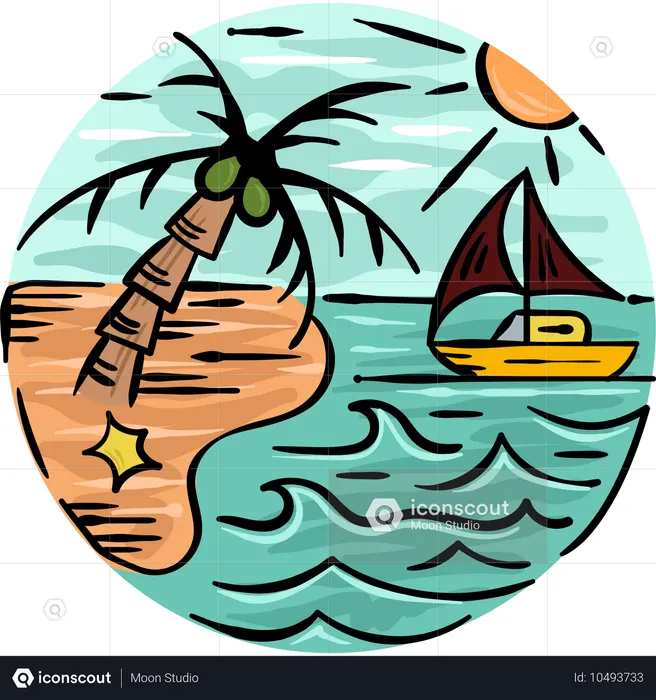 Sunny Beach with a boat  Illustration