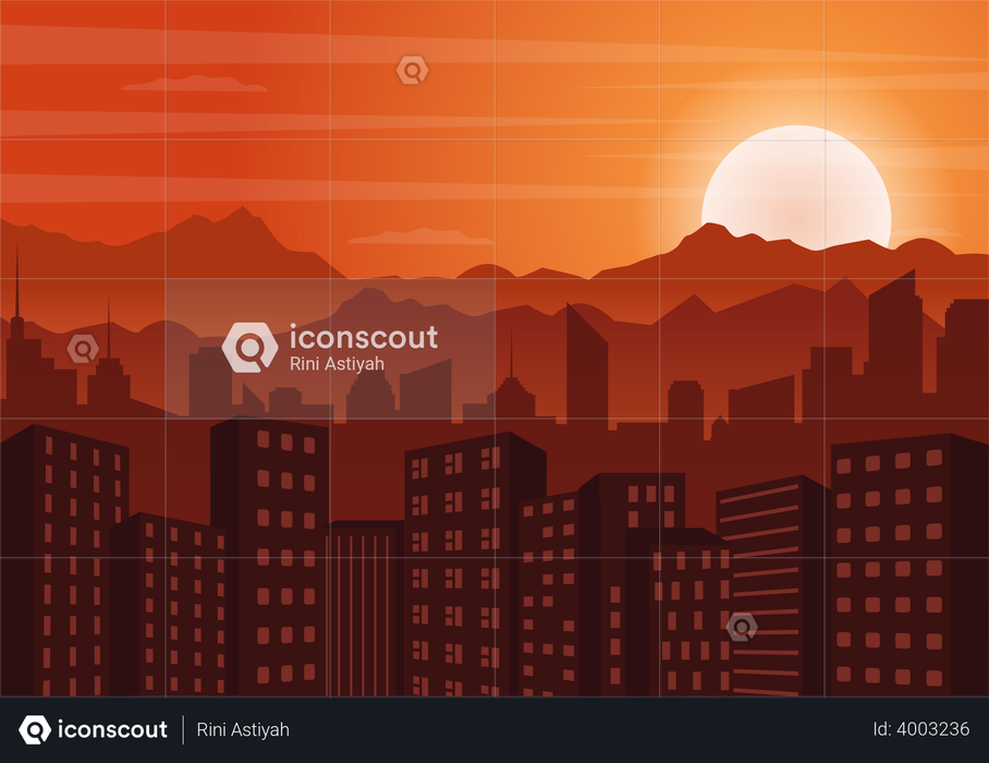 Sunset between city mountains Illustration