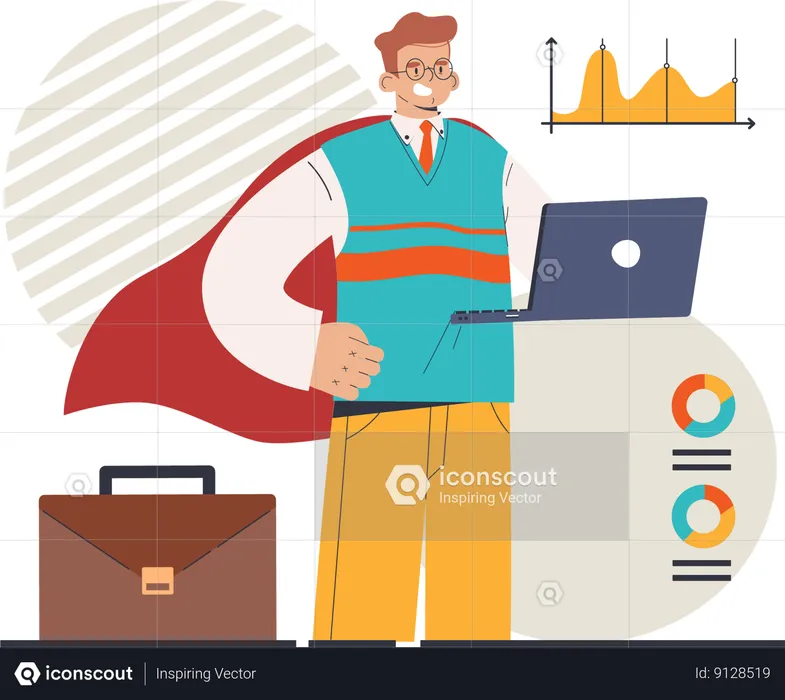 Super businessman doing hard work for business analysis  Illustration