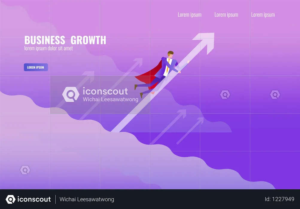 Super Businessman flying and holding arrow up over the sky  Illustration