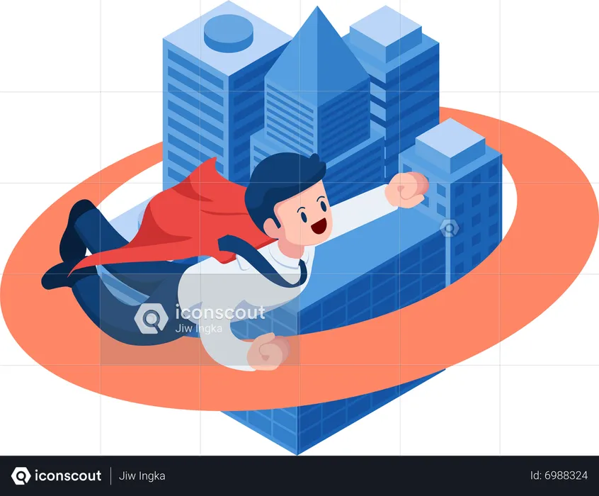 Super Businessman Flying Around Business Building  Illustration