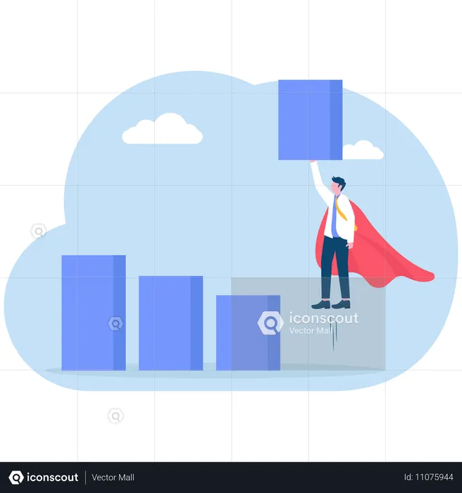 マントをまとって棒グラフを持ち上げるスーパービジネスマン  イラスト
