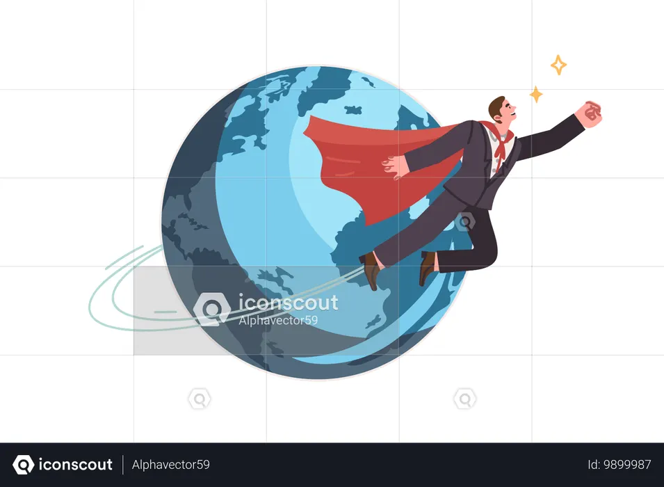 Super businessman in hero cape flies around planet saving companies from bankruptcy  Illustration