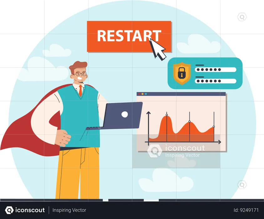 Super businessman restart his account while doing business anlaysis  Illustration
