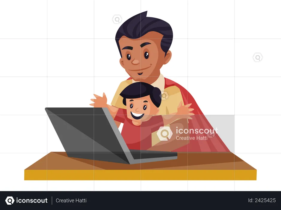 Super dad and kid are watching video on laptop  Illustration