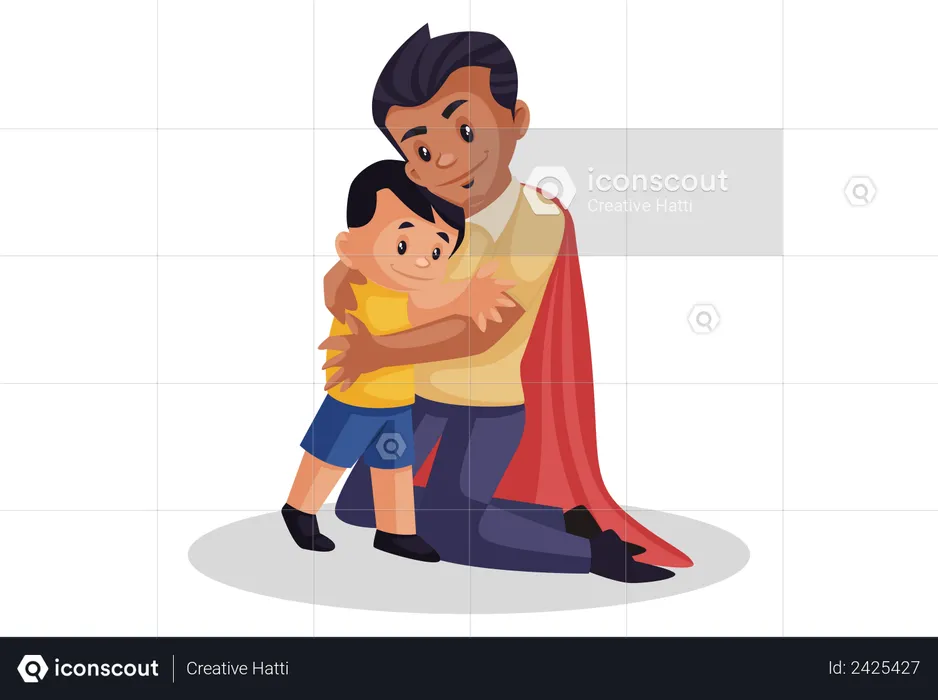 Super dad is hugging his son  Illustration
