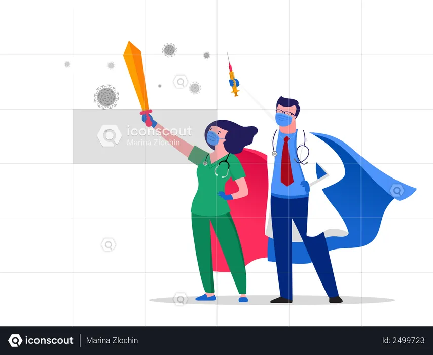 Super doctor and nurse wearing medical masks and fighting against corona  Illustration