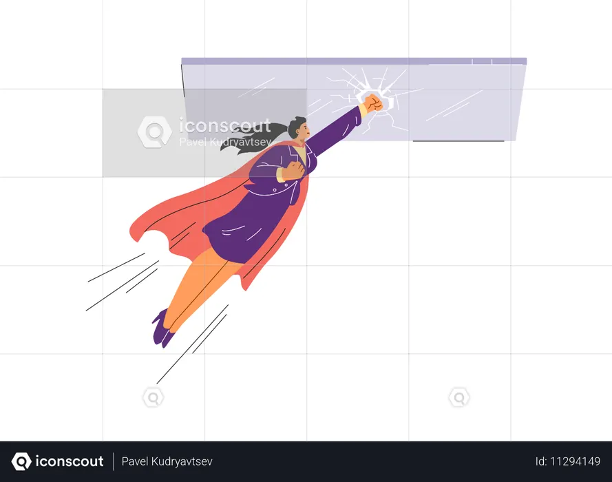 Une super-héroïne avec une cape brise un plafond de verre  Illustration
