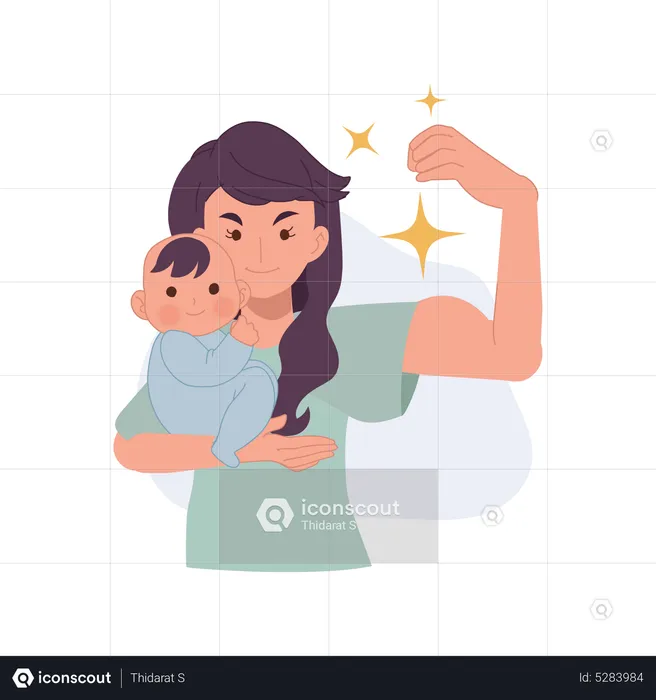 Super Mom holding baby  Illustration