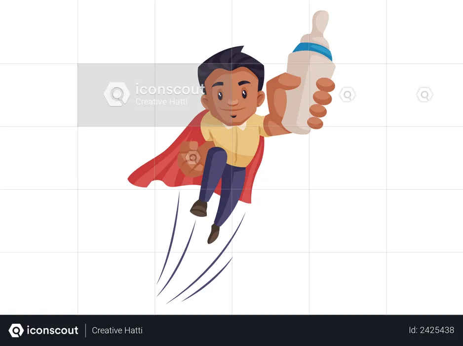 Superpapa fliegt mit einer Milchflasche in der Hand  Illustration