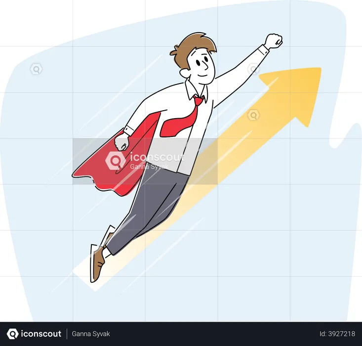Superhero Businessman Super Employee with Raising Arm Flying Up in Sky  Illustration