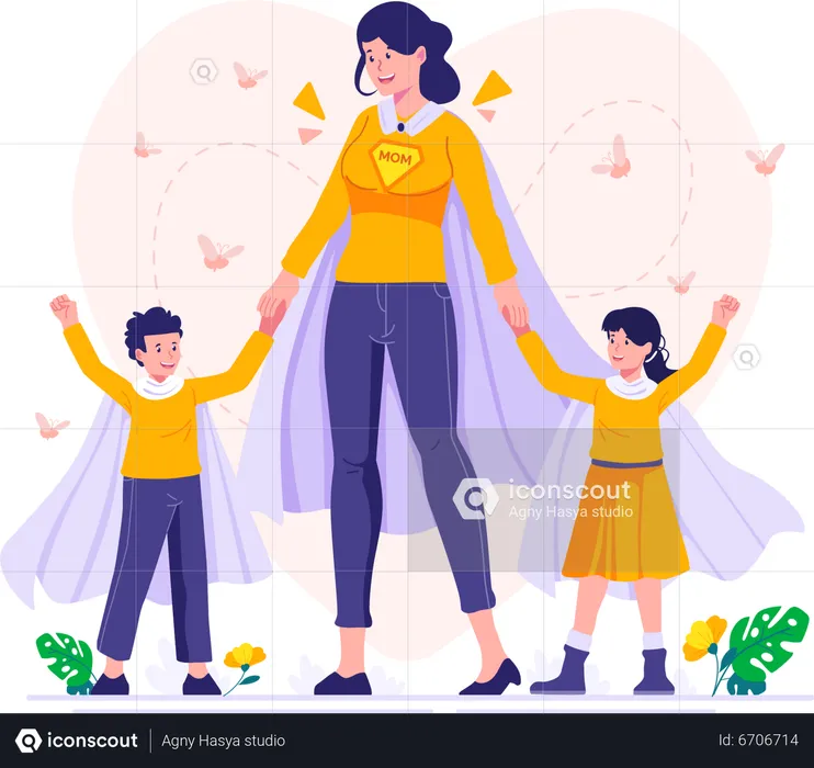 Superhero Mom with children  Illustration