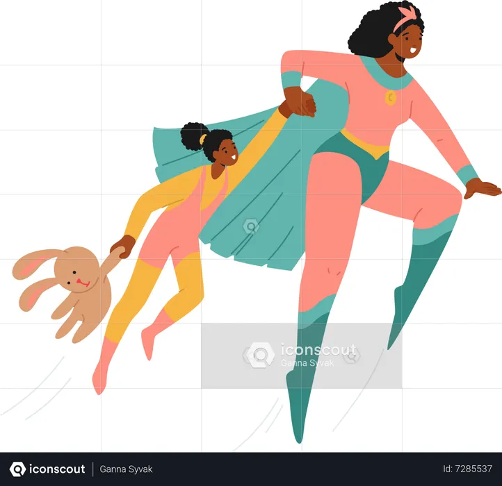 Superhero Mother Character with Daughter  Illustration