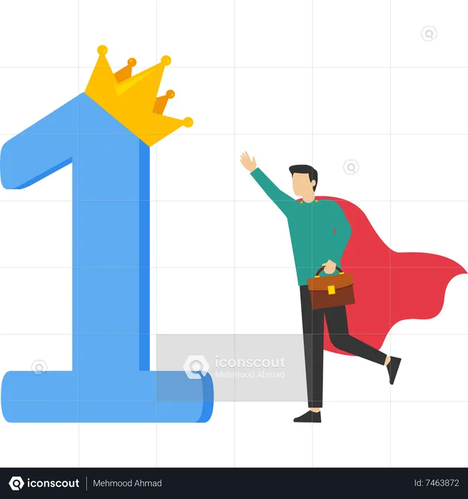 Superhero successful businessman standing with first place award with crown  Illustration