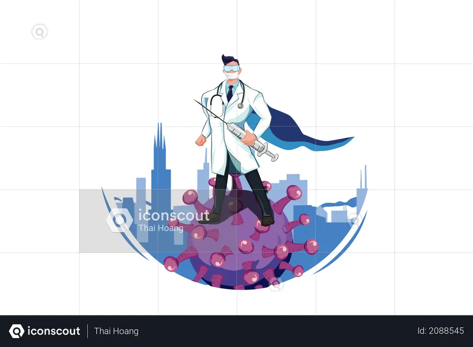Doctor superhéroe luchando contra el virus  Ilustración