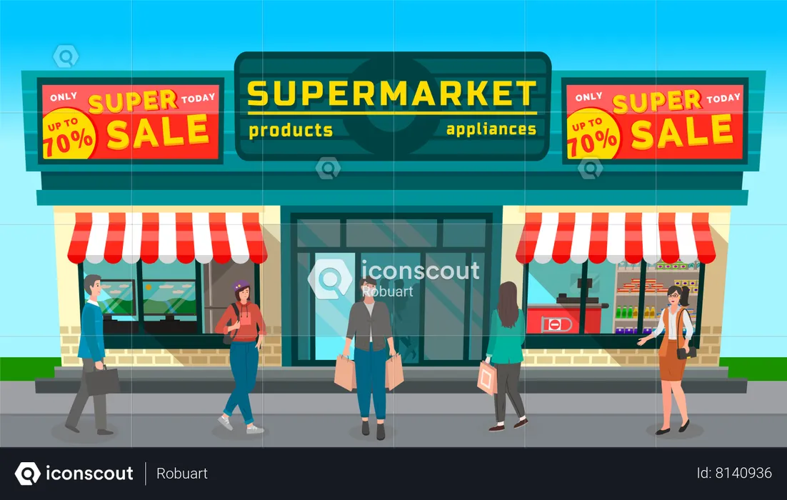 Supermarché avec panneaux publicitaires  Illustration