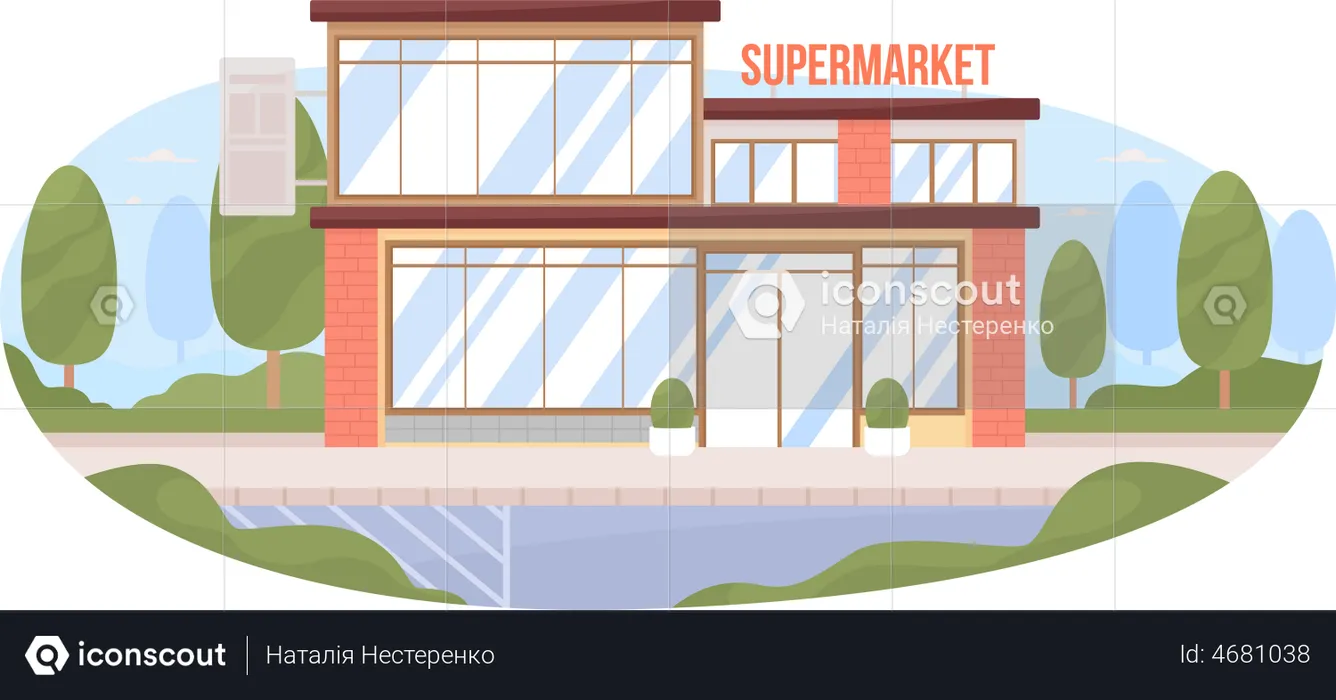 Supermarket building with glass facade  Illustration
