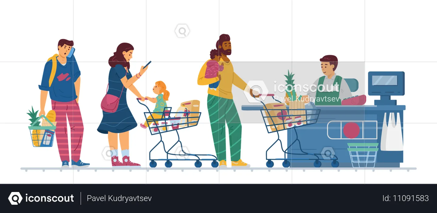 Supermarket buyers in queue to cashier  Illustration