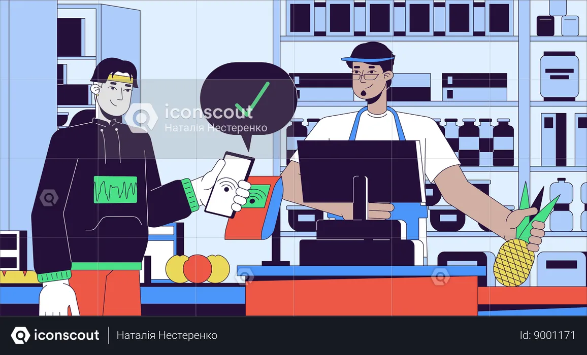 Supermarket checkout with wireless payment  Illustration