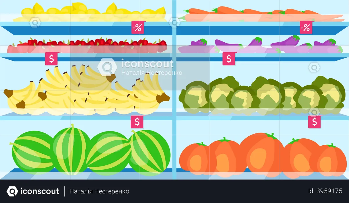Supermarket shelves with vegetarian food  Illustration