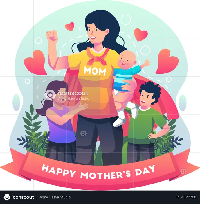 Supermom celebrates mother's day with her kids  Illustration
