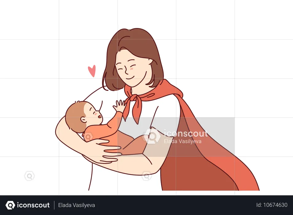 Supermom in red hero cape holds happy baby while smiling and rejoicing at birth of long-awaited son  Illustration