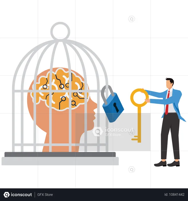 Suppressed artificial intelligence, AI's brain locked in a cage, Businessman  Illustration