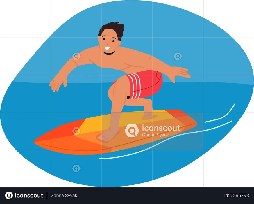 Surfer man on surf board riding ocean wave  Illustration