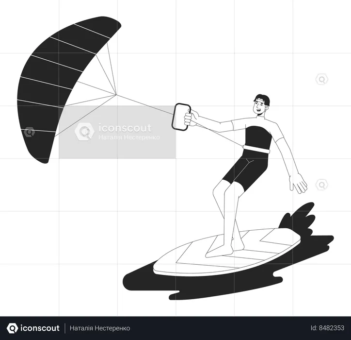 Surfer with kite standing on board  Illustration