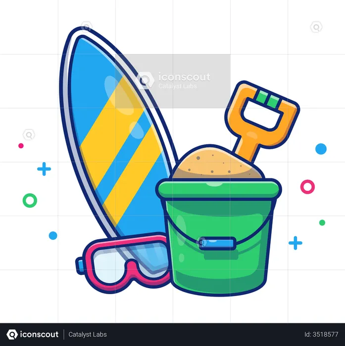 Surfing board and sand Bucket  Illustration