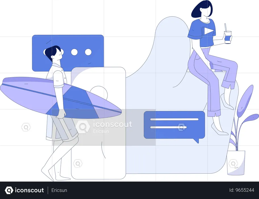 Surfing man like comment while girl holding cold drink  Illustration