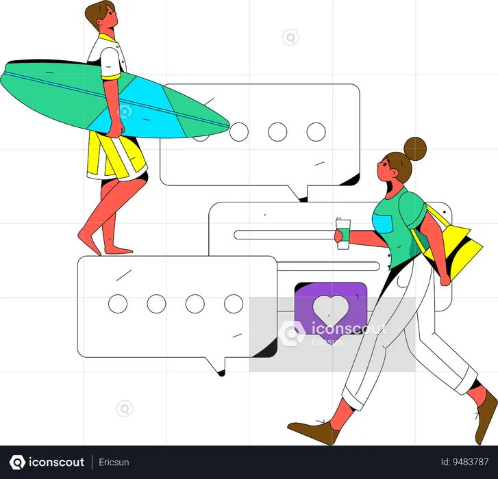 여자가 걷는 동안 소셜 미디어에 대한 논평을 보고 있는 서핑 남자  일러스트레이션