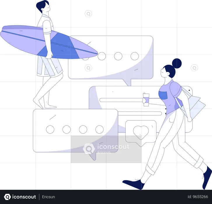 Surfing man looking comment on social media while woman walking  Illustration